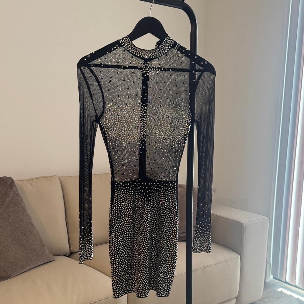 Hot Miami Styles Black Rhinestone Mesh Long Sleeve Bodycon Dress